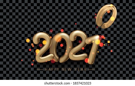 Golden Foil 2021 Balloon Sign With 1 Replacing Deflated 0 On Transparent Background. Happy New Year Sign. Vector Holiday Illustration.