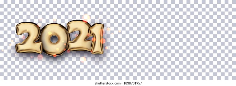 Golden foil 2021 balloon sign on transparent background. Space for text. Vector holiday illustration.