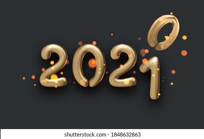 Golden Foil 2021 Balloon Sign With 1 Replacing Deflated 0 On Black Background. Vector Holiday Illustration.