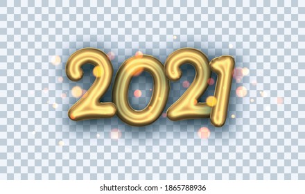 Golden foil 2021 balloon sign on transparent background. Vector holiday illustration.