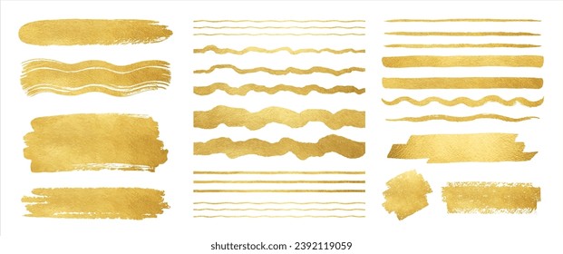 Golden foil artistic vector brush strokes, brushstroke shapes, smears, stripes, rough lines set. Hand drawn textured text backgrounds collection, gold painted graphic elements. Frame, banner templates