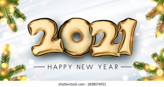 Golden foil balloon 2021 sign on light blue background. Green spruce branches in the corners with yellow sparkling lights. Happy new year sign. Vector holiday illustration.