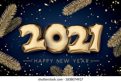 Golden foil balloon 2021 sign on dark blue background. Golden spruce branches, rounds and stars confetti and serpentine. Happy new year sign. Vector holiday illustration.