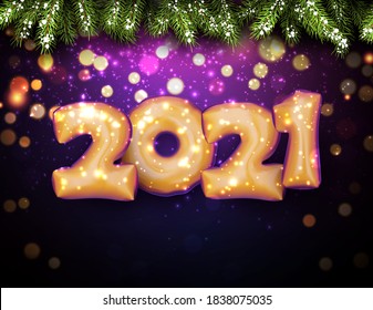 Golden foil balloon 2021 sign on dark violet background with blurred yellow, red, pink, orange lights confetti. Spruce branches with snow on the top. Vector holiday illustration.