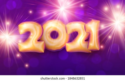 Golden foil balloon 2021 sign on violet background with bright lights and fireworks. Vector holiday illustration.