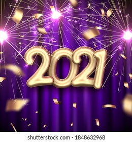 Golden foil balloon 2021 sign on dark violet curtains background. Golden confetti and sparkling fireworks. Vector holiday illustration.