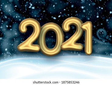 Golden foil balloon 2021 sign with snow and snowdrift on dark blue background. Vector holiday illustration.