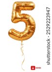 Golden foil balloon in form of number 5. Inflatable gold balloon, numeral five, isolated. Festive decoration for birthday, anniversary or other holiday celebration. 3D realistic vector illustration
