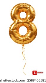 Golden foil balloon in form of number 8. Inflatable gold balloon, digit eight, isolated. Festive decoration for birthday, anniversary or other holiday celebration. 3D realistic vector illustration