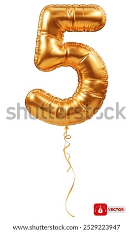 Golden foil balloon in form of number 5. Inflatable gold balloon, numeral five, isolated. Festive decoration for birthday, anniversary or other holiday celebration. 3D realistic vector illustration