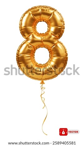 Golden foil balloon in form of number 8. Inflatable gold balloon, digit eight, isolated. Festive decoration for birthday, anniversary or other holiday celebration. 3D realistic vector illustration