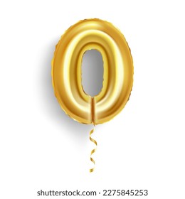 Golden foil balloon, numeral 0, letter O, on a white background. Element for holidays decoration.