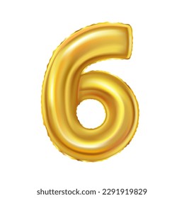 Golden foil balloon, numeral 6, on a white background. Element for holidays decoration.