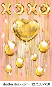 Golden foil balloons on the metallic fringe curtains shimmer curtain. Design for Valentine postcard, coral background
