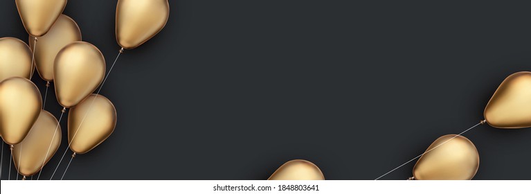 Golden foil balloons with threads on black background. Space for text. Vector festive illustration.