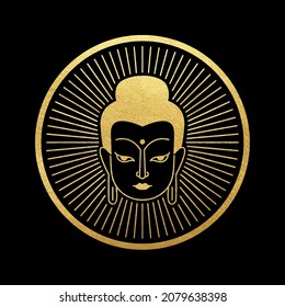 Golden foil buddha face, portrait, head vector illustration. Gold halo rays with round circle frame. Buddhist, indian design element, template for greeting card, poster. Simple line stylized drawing.