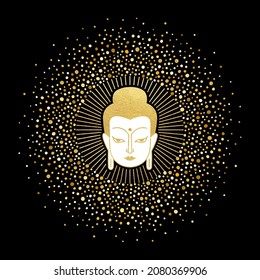 Cara de oro de la hoja de oro, retrato vectorial, ilustración de la cabeza. Rayos de halo brillantes de oro con marco de puntos dibujados a mano. Elemento de diseño redondo budista, indio, esotérico, plantilla para tarjetas de felicitación, afiches.
