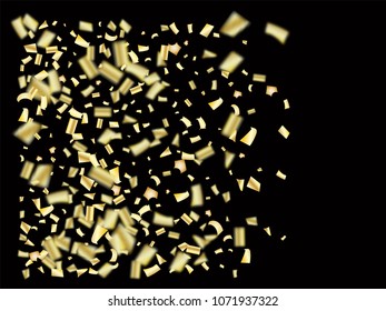 Golden Foil Confetti Falling Down, Ornament. Elegant Christmas, Birthday Party and New Year Background. Gift Voucher Sale Golden Tinsel Texture. Elegant Gold, Silver Foil Confetti Border, Garland.