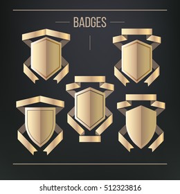 Golden foil design badges collection. Labels and ribbons, isolated vector illustration.