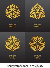 Golden foil embossed logo set. Luxury products, floral or natural cosmetics packaging design template. Yoga, spa or alternative medicine symbols.