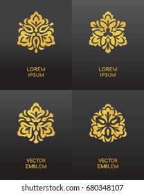 Golden foil embossed logo set. Luxury products, floral or premium natural cosmetics packaging design template. Yoga, spa or alternative medicine symbols.