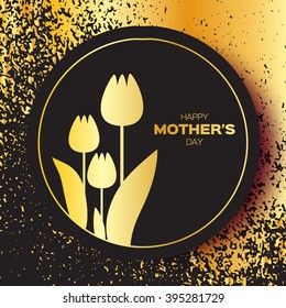 Golden foil Floral Greeting card - Happy Mother's Day - Gold Sparkles holiday black background with Spring Tulips. Paper cut Frame Flowers.Trendy Design Template for card, vip, gift, voucher, present.