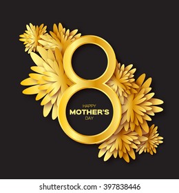 Golden foil Floral Greeting card - Happy Mother's Day - 8 May- Gold sparkles holiday. Black background with paper cut Frame Flowers.Trendy Design Template for card, vip, certificate, gift, voucher.