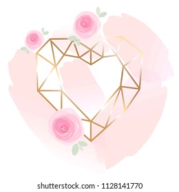 Golden foil geometrical linear heart, roses and pastel watercolor brush strokes.