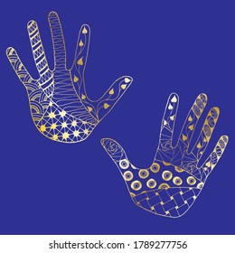 Golden Foil Hands. Mehendi Pattern. Ornate Hand Drawn Hands on Blue Background