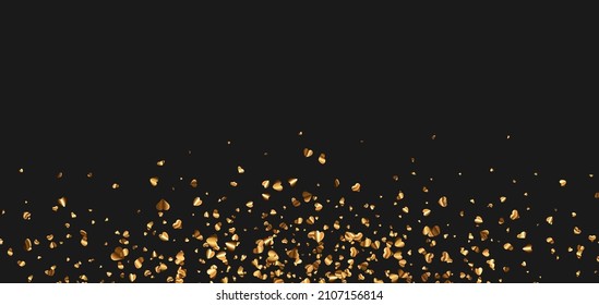 Golden foil hearts confetti on black banner background. Wedding, birthday, Valentine's Day. Vector holiday illustration.