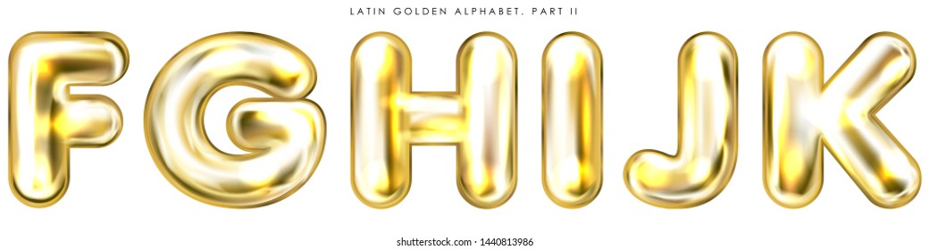 Golden foil inflated alphabet symbols, isolated letters F-G-H-I-J-K