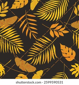 Golden foil leaves seamless pattern. Tropical foliage decorative background