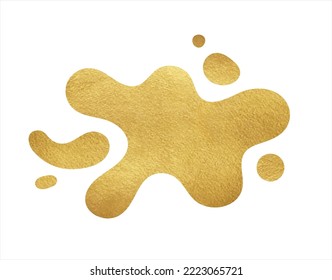 Golden foil liquid vector shape, splash  with fluid doodle wavy edge. Gold paint puddle, uneven spot, blot, stain with drops, blobs. Glittering, shiny graphic design element, text background, frame.