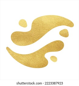 Golden foil liquid vector shape, splashes with fluid doodle wavy edge. Gold paint puddles, uneven spots, blots with drops, blobs. Glittering, shiny graphic design element, text background, frame.