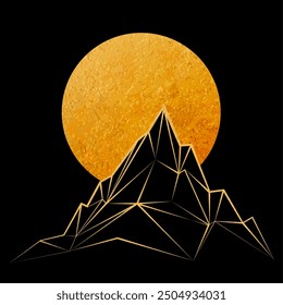 Golden foil mountain peak and moon emblem. Hand drawn cliff mountain silhouette and full moon isolated on black background vector illustration