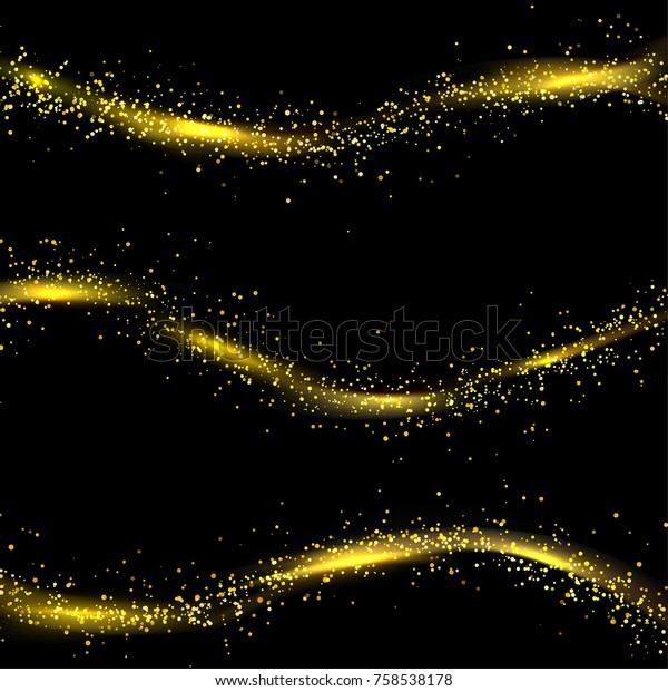 Golden foil particle\
shimmering swoosh waves template. Night Glitter Stardust Trail\
Collection. Sparkles Mist Abstract Background. Magic Fairy Dust.\
Vector illustration