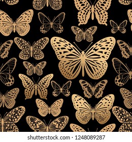 Golden foil print on red background. Tropical butterflies seamless pattern. Vector illustration. Luxury decoration for interior and clothing. Trendy template for paper, wallpaper, textiles.