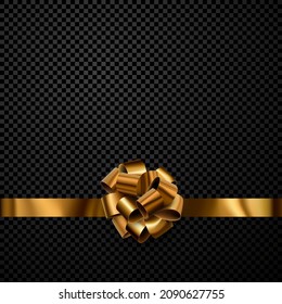 Golden foil ribbon with beautiful bow on transparent background. Space for text. Vector illustration.