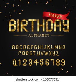 Golden foil ribbon happy birthday style. Alphabet font and numbers.