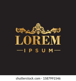 golden foil scroll with floral elements on a black background, vector logo template