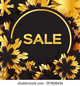 Golden Foil Spring Summer Sale banner with frame for business. Applique Card with origami flowers. Offers message. Trendy Design Template for card, vip, gift, voucher, present. Vector illustration.