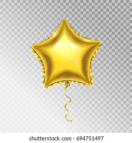 Golden Foil Star shape vector Balloon. Mylar 3d object isolated on transparent background.