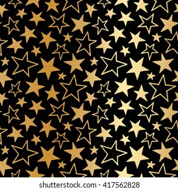 Golden foil stars of different size seamless vector pattern. Gold gradient doodle style stars. Cosmic, space background. Free hand drawn star shapes. Simple cosmical texture.