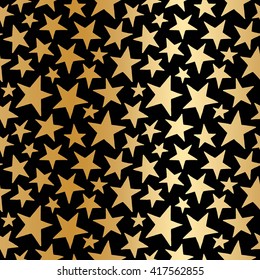 Golden foil stars of different size seamless vector pattern. Gold gradient doodle style stars. Cosmic, space background. Free hand drawn star shapes. Simple cosmical texture.