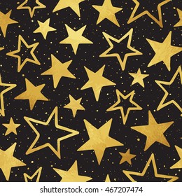 Golden foil stars of different size vector seamless pattern. Gold doodle style , chaotic blots, splash or speckles texture, black night sky. Cosmic, space background.
