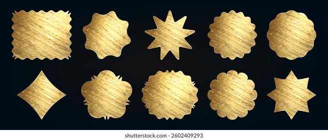 Golden foil stickers set isolated on black background. Vector realistic illustration of shiny yellow metallic paper patches, round, square, star, flower, rectangle shape hologram, certificate stamps