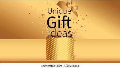 Golden foil texture vector banner design. golden glitter confetti. Unique gift ideas banner concept. Open Red Gift Box and Confetti. Vector Illustration. 