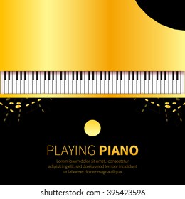 Golden foil Top view Grand piano, chair, note. Music instrument on black background. Vector illustration