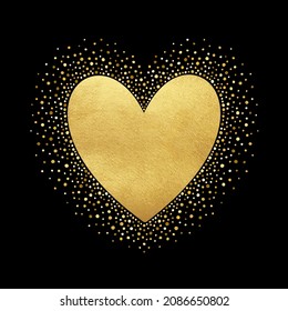 Forma de corazón vectorial de lámina dorada con marco punteado. Textura de pintura de oro metálico fondo de lujo, espátulas brillantes, puntos. Plantilla de texto de lujo de San Valentín para tarjeta de saludo, elemento de diseño gráfico.