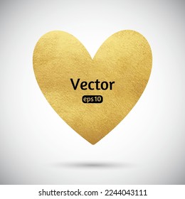 Golden foil vector heart shape. Metal gold paint texture luxury background, text frame. Valentine's day glittering textured template for greeting cards, graphic design element.